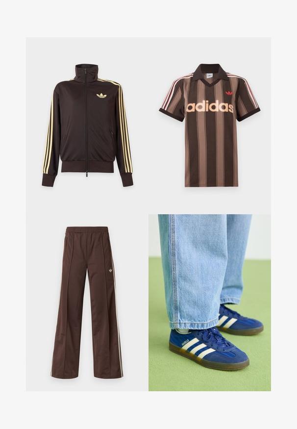 Čierna športová bunda na zips s vysokým golierom, svetložlté pruhy na rukávoch a logo Adidas trefoil na ľavej strane hrude.; Hnedé prúžkované polo tričko Adidas s výstrihom do V, bordovým golierom a červeným logom. Má bielo-červené pruhy na ramenách a krátke rukávy.; Hnedé športové nohavice so širokým strihom nohavíc, bielymi bočnými pásmi, elastickým pásom a dvoma bočnými vreckami. Na nohavici je malá značka.; Modré semišové tenisky s bielymi pruhmi a textúrovanými vzormi, obuté s svetlomodrými džínsami, na pozadí zelenej farby.