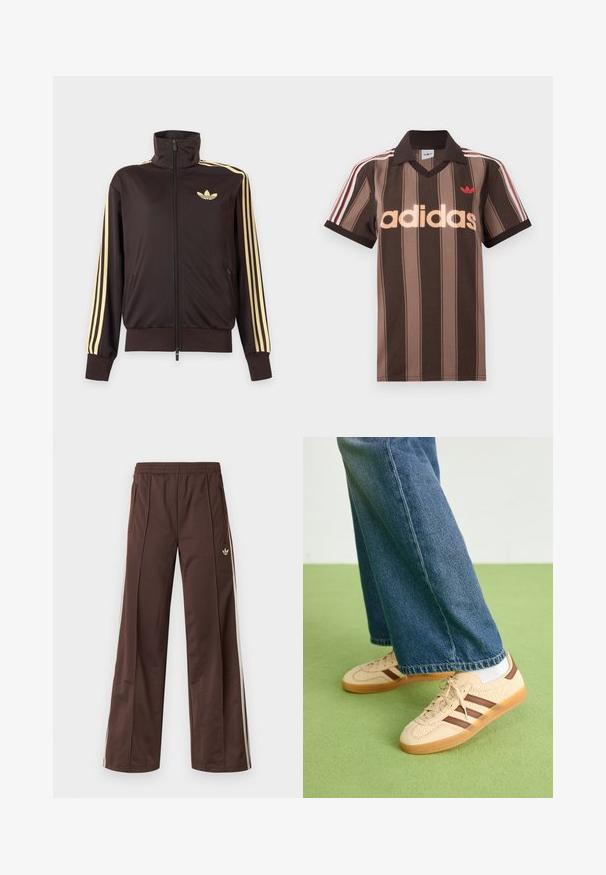 Chaqueta deportiva negra con cremallera y cuello alto, con rayas amarillas claras en las mangas y logo de Adidas trefoil en el pecho izquierdo.; Polo Adidas marrón con rayas, cuello en V, cuello burdeos y logo rojo. Presenta rayas blancas y rojas en los hombros, mangas cortas.; Pantalones deportivos marrones con diseño de pierna ancha, franjas laterales blancas, cintura elástica y dos bolsillos laterales. Presentan un pequeño logo en la pierna.; Zapatillas beige con paneles de crema texturizados y rayas marrones, combinadas con unos jeans de mezclilla azul. Los jeans tienen un corte de pierna ancha y dobladillo deshilachado.