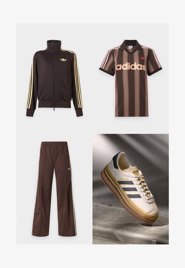 Sort lynlåstrøje med høj krave, lysegule striber ned ad ærmerne og Adidas trefoil-logo på venstre bryst.; Brunstribet Adidas polo-shirt med V-hals, bordeaux krave og rødt logo. Har hvide og røde skulderstriber samt korte ærmer.; Brune atletiske bukser med vidde ben, hvide striber på siden, elastisk linning og to sidelommer. Har et lille logo på benet.; Adidas Gazelle sneaker med en creme farvet ruskindsoverdel, blå læderdetaljer, tre blå striber, beige mellemsål og brune gummisål.