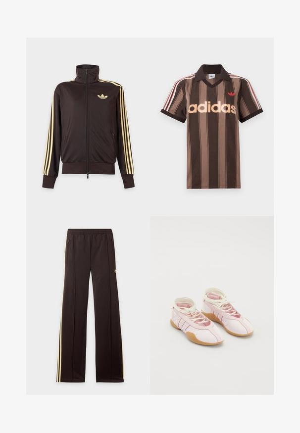 Zwarte joggingjas met rits en hoge kraag, lichtgele strepen op de mouwen en Adidas trefoil-logo op de linkerborst.; Bruine gestreepte Adidas polo met V-hals, bordeauxrode kraag en rood logo. Heeft witte en rode schouderstrepen, korte mouwen.; Zwarte trainingsbroek met gele zijstrepen, elastische tailleband, ritszakken aan de zijkant en een klein logo op het bovenbeen.; Roze canvas schoenen met een zachte textuur, voorzien van een vetersluiting en een ondergrond van gumrubber. Decoratieve accenten en drie strepen aan de zijkant.