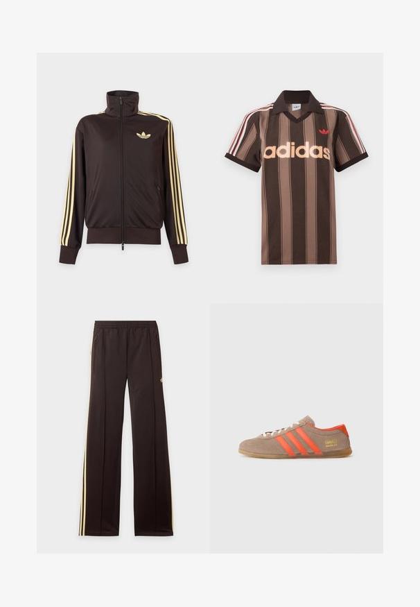 Sort lynlåstrøje med høj krave, lysegule striber ned ad ærmerne og Adidas trefoil-logo på venstre bryst.; Brunstribet Adidas polo-shirt med V-hals, bordeaux krave og rødt logo. Har hvide og røde skulderstriber samt korte ærmer.; Sorte træningsbukser med gule sidelister, elastisk taljebånd, lynlåslommer i siderne og en lille logo på den øvre lår.; Brune ruskinds sneakers med tre klare orange striber, snørebånd foran og gyldent "Gazelle" branding på siden. Flad gummi sål.