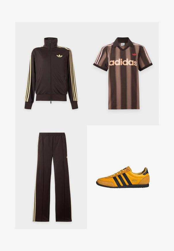 Mustast lukuga spordijakk kõrge kraega, helekollaste triipudega varruka all ja Adidas trefoil logo vasakul rinnal.; Pruunide triipudega Adidas polotee, V-kaelusega, bordeau krae ja punase logoga. Omad valge ja punase triibuga õlad ning lühikesed varrukad.; Mustad dressipüksid kollaste küljeribadega, elastse vöökohaga, küljetaskud lukuga ja väike logo reie ülaosas.; Kollased nahast tossud mustade triipudega, paeltega, augulise varbaga ja tekstuurse kandepaneeliga, millel kiri "adidas Japan". Kummist välistald.