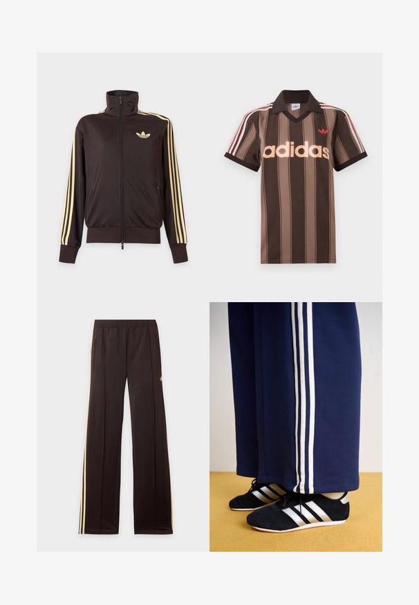 Čierna športová bunda na zips s vysokým golierom, svetložlté pruhy na rukávoch a logo Adidas trefoil na ľavej strane hrude.; Hnedé prúžkované polo tričko Adidas s výstrihom do V, bordovým golierom a červeným logom. Má bielo-červené pruhy na ramenách a krátke rukávy.; Čierne tepláky so žltými bočnými pruhmi, elastickým pásom, bočnými vreckami na zips a malým logom na hornej časti stehna.; Námornícke tepláky s tromi bielymi vertikálnymi pruhmi a čiernymi atletickými topánkami so striebornými pruhmi a textúrovaným povrchom. Žltá podlaha.