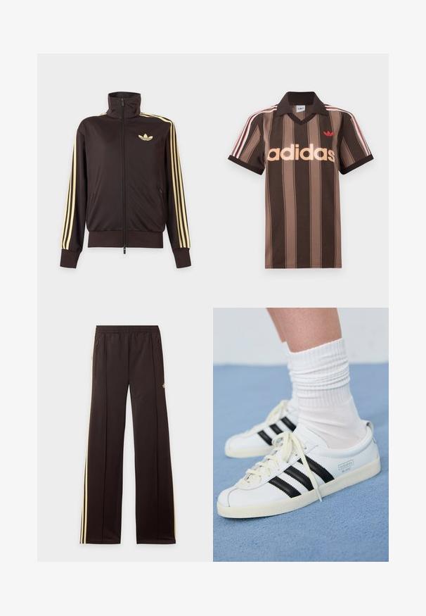Mustast lukuga spordijakk kõrge kraega, helekollaste triipudega varruka all ja Adidas trefoil logo vasakul rinnal.; Pruunide triipudega Adidas polotee, V-kaelusega, bordeau krae ja punase logoga. Omad valge ja punase triibuga õlad ning lühikesed varrukad.; Mustad dressipüksid kollaste küljeribadega, elastse vöökohaga, küljetaskud lukuga ja väike logo reie ülaosas.; Valge nahast spordijalatsid mustade triipudega, kreemjasel tallal ja heledate paelatega. Kandmine valgete ribadega sokkidega, paigutatud sinise taustaga.