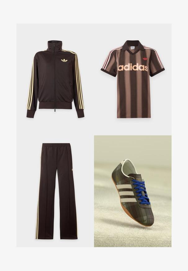 Čierna športová bunda na zips s vysokým golierom, svetložlté pruhy na rukávoch a logo Adidas trefoil na ľavej strane hrude.; Hnedé prúžkované polo tričko Adidas s výstrihom do V, bordovým golierom a červeným logom. Má bielo-červené pruhy na ramenách a krátke rukávy.; Čierne tepláky so žltými bočnými pruhmi, elastickým pásom, bočnými vreckami na zips a malým logom na hornej časti stehna.; Hnedé kárované športové topánky s modrými šnúrkami, tromi bielymi pruhmi a hladkým povrchom, s svetlohnedou gumovou podrážkou.