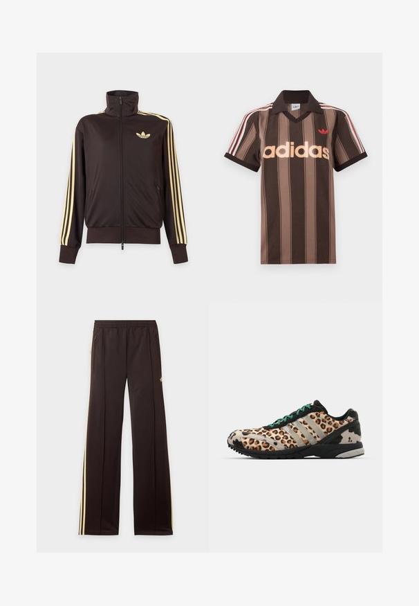 Sort lynlåstrøje med høj krave, lysegule striber ned ad ærmerne og Adidas trefoil-logo på venstre bryst.; Brunstribet Adidas polo-shirt med V-hals, bordeaux krave og rødt logo. Har hvide og røde skulderstriber samt korte ærmer.; Sorte træningsbukser med gule sidelister, elastisk taljebånd, lynlåslommer i siderne og en lille logo på den øvre lår.; adidas Originals ADIZERO ADIOS OG - Sneakers - grey two/core black/court green