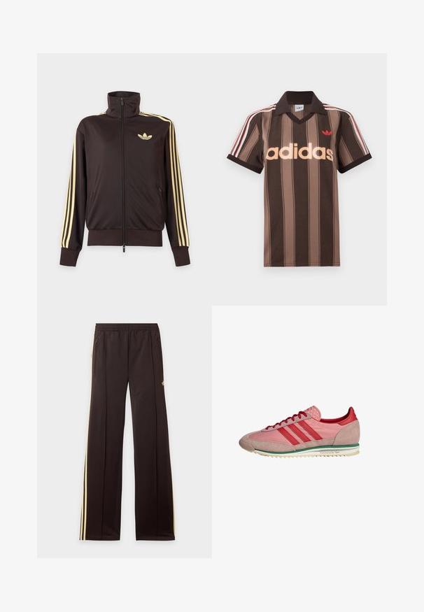 Schwarze Trainingsjacke mit Reißverschluss und hohem Kragen, hellgelben Streifen an den Ärmeln und Adidas Trefoil Logo auf der linken Brust.; Braunes gestreiftes Adidas-Poloshirt mit V-Ausschnitt, bordeauxrotem Kragen und rotem Logo. Mit weißen und roten Schulterstreifen, kurzen Ärmeln.; Schwarze Jogginghose mit gelben Seitenstreifen, elastischem Bund, seitlichen Reißverschlusstaschen und kleinem Logo am oberen Oberschenkel.; Pink-rote Adidas-Sneaker mit Wildleder an Zehen- und Fersenpartie, roten Schnürsenkeln, grünem Streifen über der weißen Sohle, seitlich betrachtet.