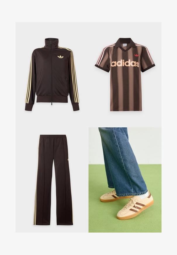 Schwarze Trainingsjacke mit Reißverschluss und hohem Kragen, hellgelben Streifen an den Ärmeln und Adidas Trefoil Logo auf der linken Brust.; Braunes gestreiftes Adidas-Poloshirt mit V-Ausschnitt, bordeauxrotem Kragen und rotem Logo. Mit weißen und roten Schulterstreifen, kurzen Ärmeln.; Schwarze Jogginghose mit gelben Seitenstreifen, elastischem Bund, seitlichen Reißverschlusstaschen und kleinem Logo am oberen Oberschenkel.; Beige Sneakers mit strukturierten cremefarbenen Paneelen und braunen Streifen, kombiniert mit blauen Jeans. Die Jeans haben einen weiten Beinschnitt und einen fransigen Saum.