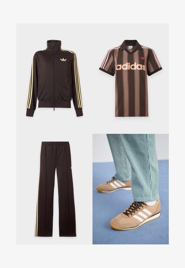 Schwarze Trainingsjacke mit Reißverschluss und hohem Kragen, hellgelben Streifen an den Ärmeln und Adidas Trefoil Logo auf der linken Brust.; Braunes gestreiftes Adidas-Poloshirt mit V-Ausschnitt, bordeauxrotem Kragen und rotem Logo. Mit weißen und roten Schulterstreifen, kurzen Ärmeln.; Schwarze Jogginghose mit gelben Seitenstreifen, elastischem Bund, seitlichen Reißverschlusstaschen und kleinem Logo am oberen Oberschenkel.; Tanfarbene Wildleder- und Mesh-Sneaker mit braunen Schnürsenkeln und drei weißen Streifen. Kombiniert mit grün-weißen gestreiften Hosen, die auf einer blauen Oberfläche liegen.