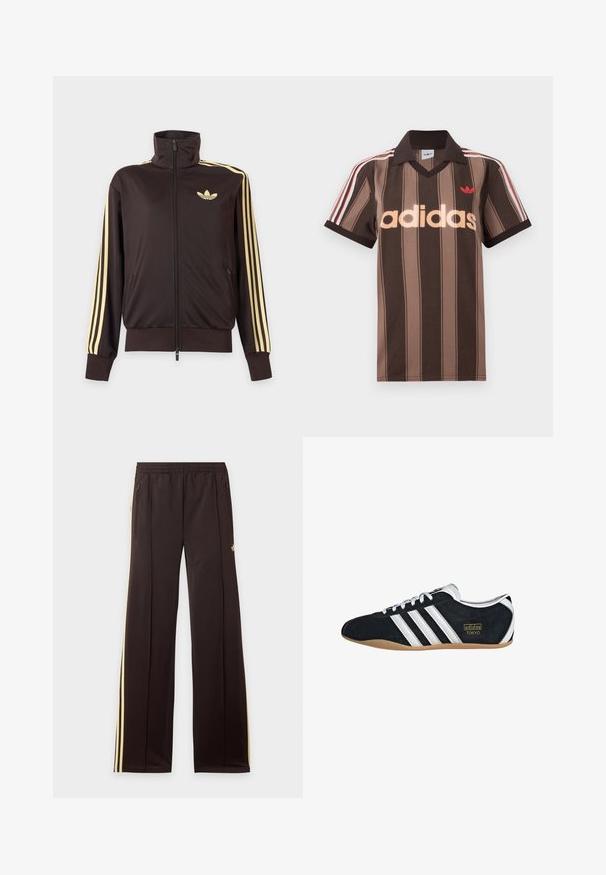 Mustast lukuga spordijakk kõrge kraega, helekollaste triipudega varruka all ja Adidas trefoil logo vasakul rinnal.; Pruunide triipudega Adidas polotee, V-kaelusega, bordeau krae ja punase logoga. Omad valge ja punase triibuga õlad ning lühikesed varrukad.; Mustad dressipüksid kollaste küljeribadega, elastse vöökohaga, küljetaskud lukuga ja väike logo reie ülaosas.; Must musta tennisjalanikesed valgete kolme triibuga, kuldse logo ja pruuni kummitaldiga. Omab madalat sidumise disaini.