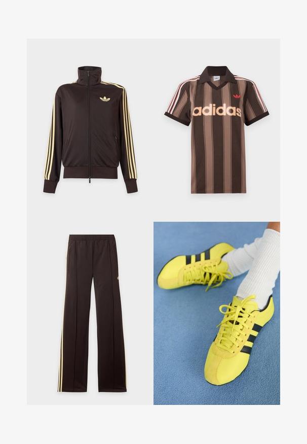 Čierna športová bunda na zips s vysokým golierom, svetložlté pruhy na rukávoch a logo Adidas trefoil na ľavej strane hrude.; Hnedé prúžkované polo tričko Adidas s výstrihom do V, bordovým golierom a červeným logom. Má bielo-červené pruhy na ramenách a krátke rukávy.; Čierne tepláky so žltými bočnými pruhmi, elastickým pásom, bočnými vreckami na zips a malým logom na hornej časti stehna.; Jasne žlté športové topánky s čiernymi pruhmi a šnúrkami; majú textúrovaný zvršok a semišové akcenty. Nosené s bielymi rebrovanými ponožkami.