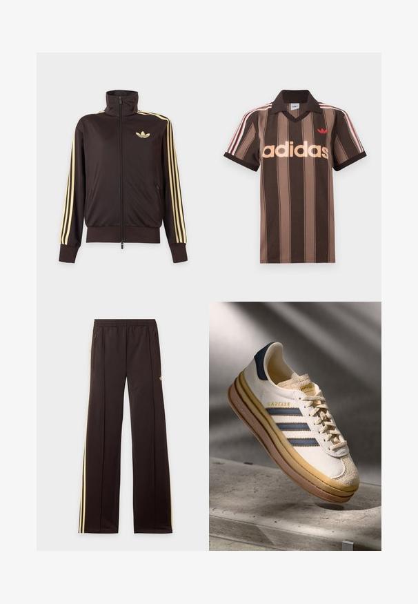 Sort lynlåstrøje med høj krave, lysegule striber ned ad ærmerne og Adidas trefoil-logo på venstre bryst.; Brunstribet Adidas polo-shirt med V-hals, bordeaux krave og rødt logo. Har hvide og røde skulderstriber samt korte ærmer.; Sorte træningsbukser med gule sidelister, elastisk taljebånd, lynlåslommer i siderne og en lille logo på den øvre lår.; Adidas Gazelle sneaker med en creme farvet ruskindsoverdel, blå læderdetaljer, tre blå striber, beige mellemsål og brune gummisål.