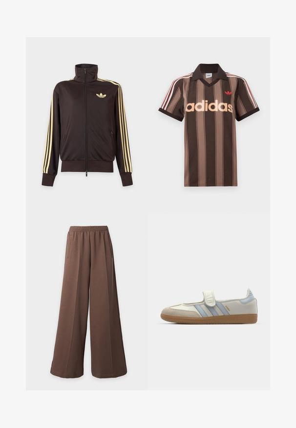 Sort lynlåstrøje med høj krave, lysegule striber ned ad ærmerne og Adidas trefoil-logo på venstre bryst.; Brunstribet Adidas polo-shirt med V-hals, bordeaux krave og rødt logo. Har hvide og røde skulderstriber samt korte ærmer.; Løstsiddende brune vidde sweatpants med elastik i taljen og sidelommer på en ensfarvet lys baggrund.; adidas Originals SAMBA JANE BALLERINA - Ballerinasko m/ rem - cloud white/halo blue