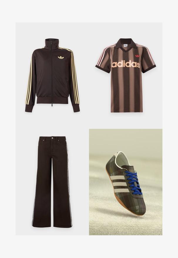 Mustast lukuga spordijakk kõrge kraega, helekollaste triipudega varruka all ja Adidas trefoil logo vasakul rinnal.; Pruunide triipudega Adidas polotee, V-kaelusega, bordeau krae ja punase logoga. Omad valge ja punase triibuga õlad ning lühikesed varrukad.; Pruunid laia säärega teksad denimist, millel on valged küljeribad, klassikaline viie taskuga disain ja metallist nööbi kinnis.; Pruunist ruudulisest kangast sportlikud kingad siniste paeltega, kolm valget triipu ja siledat pinda, millel on helesinine kummitald.