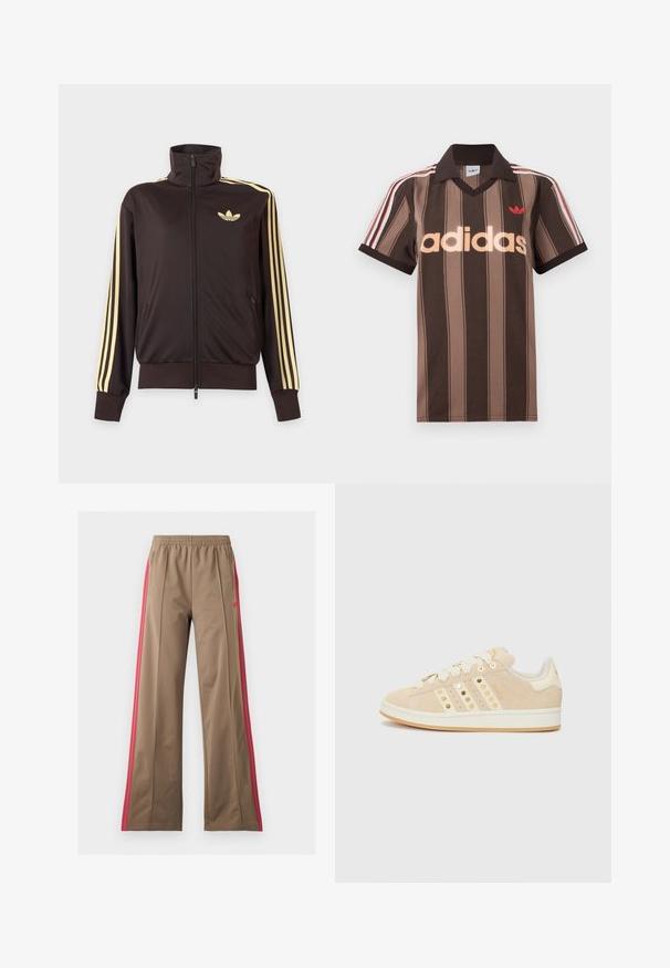 Čierna športová bunda na zips s vysokým golierom, svetložlté pruhy na rukávoch a logo Adidas trefoil na ľavej strane hrude.; Hnedé prúžkované polo tričko Adidas s výstrihom do V, bordovým golierom a červeným logom. Má bielo-červené pruhy na ramenách a krátke rukávy.; Hnedé široké tréningové nohavice s elastickým pásom a jasne ružovými bočnými pásmi, s vreckami na zips po stranách a malým logom na ľavej strane.; adidas Originals CAMPUS 00S W - Tenisky - sand strata/cream white/gold-coloured