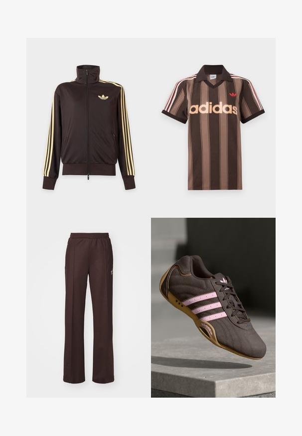 Sort lynlåstrøje med høj krave, lysegule striber ned ad ærmerne og Adidas trefoil-logo på venstre bryst.; Brunstribet Adidas polo-shirt med V-hals, bordeaux krave og rødt logo. Har hvide og røde skulderstriber samt korte ærmer.; Brune træningsbukser med elastisk talje, to sidelommer og et lille logo på venstre side, lavet af et blødt stof.; Brune ruskind atletik sko med pink striber og logo, med en tekstureret overdel, snørebåndslukning og en gummirubbersål.