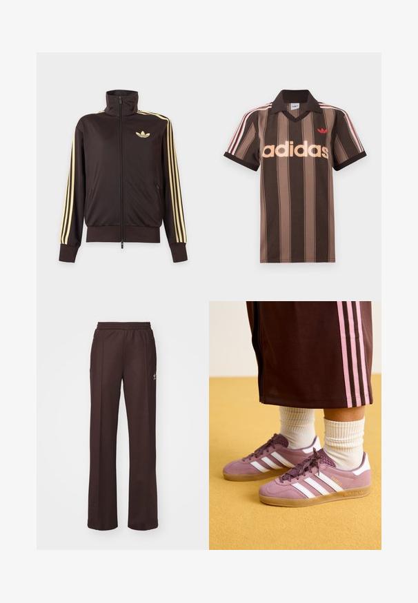 Musta vetoketjullinen urheilutakki korkealla kauluksella, vaaleankeltaiset raidat hihoissa ja Adidas trefoil -logo vasemmassa rinnassa.; Ruskearaidallinen Adidas-pikeepaita, jossa on V-aukko, viininpunainen kaulus ja punainen logo. Paidassa on valkoiset ja punaiset olkapääraidat sekä lyhyet hihat.; Ruskeat urheiluhousut, joissa on joustava vyötärö, kaksi sivutaskua ja pieni logo vasemmalla puolella, valmistettu pehmeästä kankaasta.; Valkoiset raidalliset violettisuede-tossut, joissa on kumipohja ja teksturoitu yksityiskohtia, yhdistettynä ribattuihin valkoisiin sukkiin ja ruskeisiin urheiluhousuihin, joissa on vaaleanpunaiset raidat.