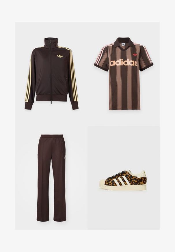 Schwarze Trainingsjacke mit Reißverschluss und hohem Kragen, hellgelben Streifen an den Ärmeln und Adidas Trefoil Logo auf der linken Brust.; Braunes gestreiftes Adidas-Poloshirt mit V-Ausschnitt, bordeauxrotem Kragen und rotem Logo. Mit weißen und roten Schulterstreifen, kurzen Ärmeln.; Braune Sporthose mit einem elastischen Bund, zwei Seitentaschen und einem kleinen Logo auf der linken Seite, gefertigt aus weichem Stoff.; Leopardenmuster-Sneaker mit schwarzen Schnürsenkeln, weißem Drei-Streifen-Design, cremefarbenem Gummispitze und -sohle sowie strukturiertem Obermaterial.