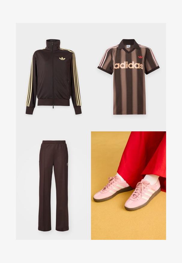 Zwarte joggingjas met rits en hoge kraag, lichtgele strepen op de mouwen en Adidas trefoil-logo op de linkerborst.; Bruine gestreepte Adidas polo met V-hals, bordeauxrode kraag en rood logo. Heeft witte en rode schouderstrepen, korte mouwen.; Bruine sportieve broek met een elastische tailleband, twee zijzakken en een klein logo aan de linkerzijde, gemaakt van een zachte stof.; Lichtroze sportschoenen met witte strepen, rubberen zool en veterontwerp. Gecombineerd met witte sokken en een rood kledingstuk. Gele achtergrond.