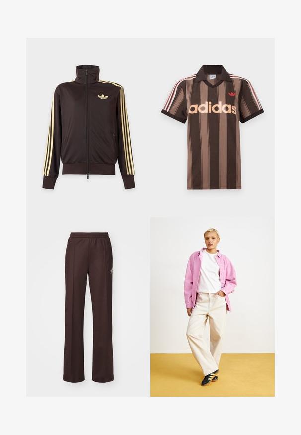 Sort lynlåstrøje med høj krave, lysegule striber ned ad ærmerne og Adidas trefoil-logo på venstre bryst.; Brunstribet Adidas polo-shirt med V-hals, bordeaux krave og rødt logo. Har hvide og røde skulderstriber samt korte ærmer.; Brune træningsbukser med elastisk talje, to sidelommer og et lille logo på venstre side, lavet af et blødt stof.; Lyserød fløjls skjorte over en hvid t-shirt, parret med beige brede bukser og sorte sko med gule striber. Sat mod en gul baggrund.