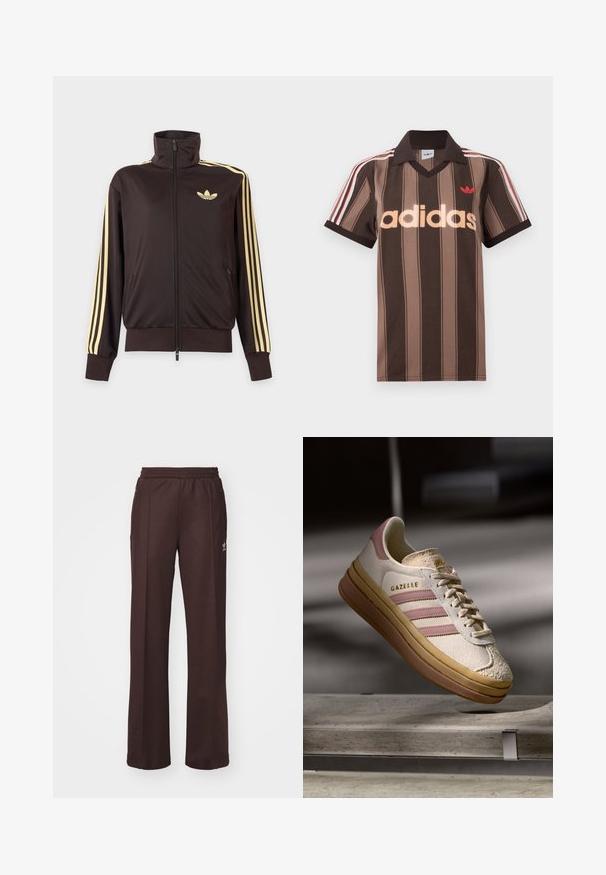 Zwarte joggingjas met rits en hoge kraag, lichtgele strepen op de mouwen en Adidas trefoil-logo op de linkerborst.; Bruine gestreepte Adidas polo met V-hals, bordeauxrode kraag en rood logo. Heeft witte en rode schouderstrepen, korte mouwen.; Bruine sportieve broek met een elastische tailleband, twee zijzakken en een klein logo aan de linkerzijde, gemaakt van een zachte stof.; Witte suède sneakers met roze accenten, voorzien van drie strepen en een gouden logo. Textuur in de neuskap en een bruine rubberen zool. Klassiek ontwerp.