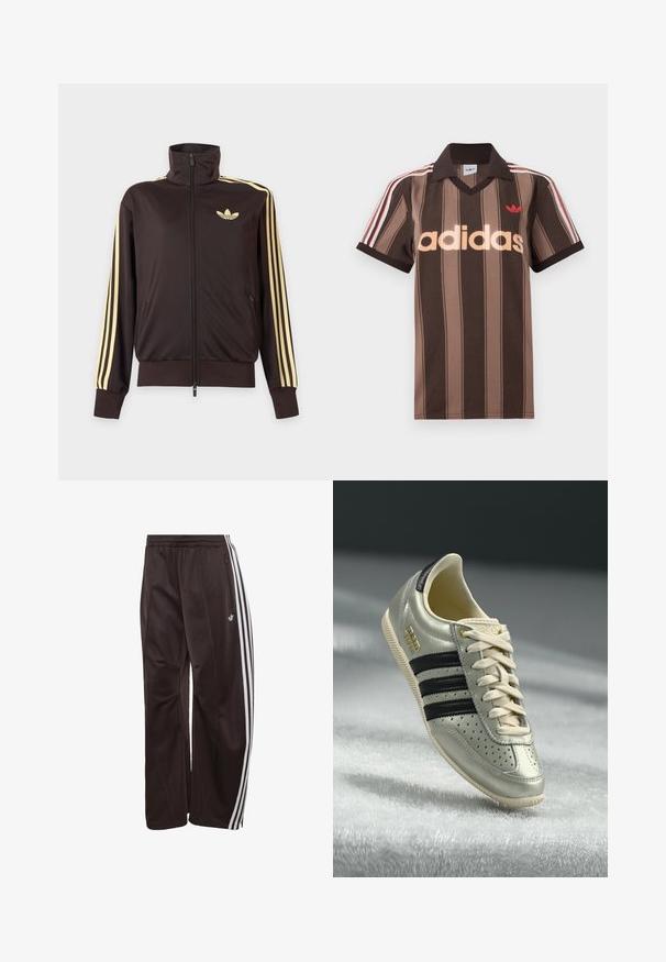 Čierna športová bunda na zips s vysokým golierom, svetložlté pruhy na rukávoch a logo Adidas trefoil na ľavej strane hrude.; Hnedé prúžkované polo tričko Adidas s výstrihom do V, bordovým golierom a červeným logom. Má bielo-červené pruhy na ramenách a krátke rukávy.; Čierne teplákové nohavice Adidas s bielymi tromi pruhmi po stranách, elastickým pásom, bočným vreckom na zips a logom Adidas na ľavej nohe.; Svetlo šedé kožené tenisky s čiernymi pruhmi, perforovanými detailmi, béžovými šnúrkami a zlatou nášivkou. Textúrovaná gumová podrážka.