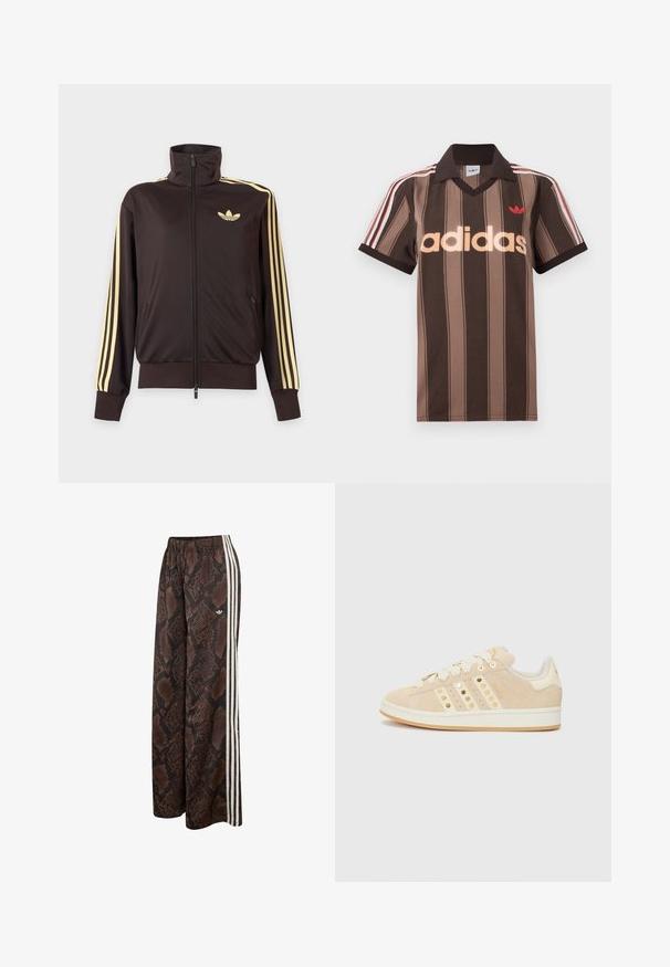 Schwarze Trainingsjacke mit Reißverschluss und hohem Kragen, hellgelben Streifen an den Ärmeln und Adidas Trefoil Logo auf der linken Brust.; Braunes gestreiftes Adidas-Poloshirt mit V-Ausschnitt, bordeauxrotem Kragen und rotem Logo. Mit weißen und roten Schulterstreifen, kurzen Ärmeln.; Weit geschnittene Hose mit braun-schwarzem Schlangenhautmuster, weißen Seitenstreifen und elastischem Bund, mit kleinem Adidas-Logo.; adidas Originals CAMPUS 00S W - Sneaker low - sand strata/cream white/gold-coloured