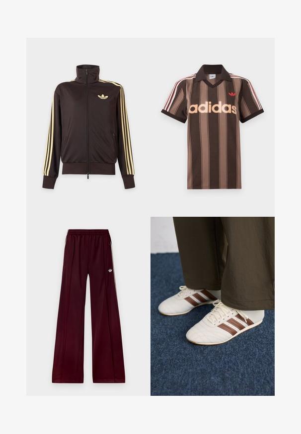 Čierna športová bunda na zips s vysokým golierom, svetložlté pruhy na rukávoch a logo Adidas trefoil na ľavej strane hrude.; Hnedé prúžkované polo tričko Adidas s výstrihom do V, bordovým golierom a červeným logom. Má bielo-červené pruhy na ramenách a krátke rukávy.; Bordo športové nohavice s voľným strihom, vyrobené z hladkého materiálu, s dvomi bočnými vreckami a bielymi kontrastnými prúžkami po stranách.; Biele tenisky s hnedými pruhmi nosené s hnedými nohavicami na modrom kobercovom podlahe.