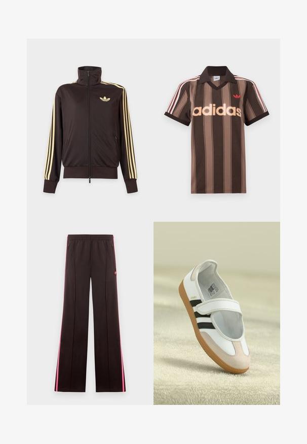 Sort lynlåstrøje med høj krave, lysegule striber ned ad ærmerne og Adidas trefoil-logo på venstre bryst.; Brunstribet Adidas polo-shirt med V-hals, bordeaux krave og rødt logo. Har hvide og røde skulderstriber samt korte ærmer.; Sorte atletikbukser med lyserøde sidelister, elastisk talje, lynlåslommer og Adidas-logo på venstre lår.; Hvid sko med en lyserød ruskindforfod, sorte striber og en velcrorem. Har en lys gummi sål og et logo på siden.