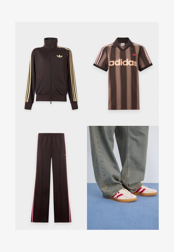 Čierna športová bunda na zips s vysokým golierom, svetložlté pruhy na rukávoch a logo Adidas trefoil na ľavej strane hrude.; Hnedé prúžkované polo tričko Adidas s výstrihom do V, bordovým golierom a červeným logom. Má bielo-červené pruhy na ramenách a krátke rukávy.; Čierne športové nohavice s ružovými bočnými pruhmi, elastickým pásom, vreckami so zipsom a logom Adidas na ľavom stehne.; Biele tenisky s červenými pruhmi, textúrovaný plátený zvršok, zaoblená špička, plochá gumená podrážka, skombinované s voľnými, vyblednutými modrými džínsami.