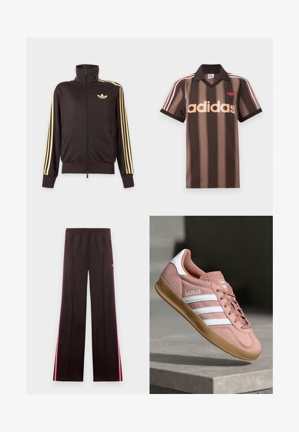 Chaqueta deportiva negra con cremallera y cuello alto, con rayas amarillas claras en las mangas y logo de Adidas trefoil en el pecho izquierdo.; Polo Adidas marrón con rayas, cuello en V, cuello burdeos y logo rojo. Presenta rayas blancas y rojas en los hombros, mangas cortas.; Pantalones deportivos negros con franjas laterales rosas, cintura elástica, bolsillos con cremallera y logo de Adidas en el muslo izquierdo.; Zapatilla de ante rosa con rayas blancas, suela de goma, upper texturizado y logo en la lengua. Diseño clásico de corte bajo.