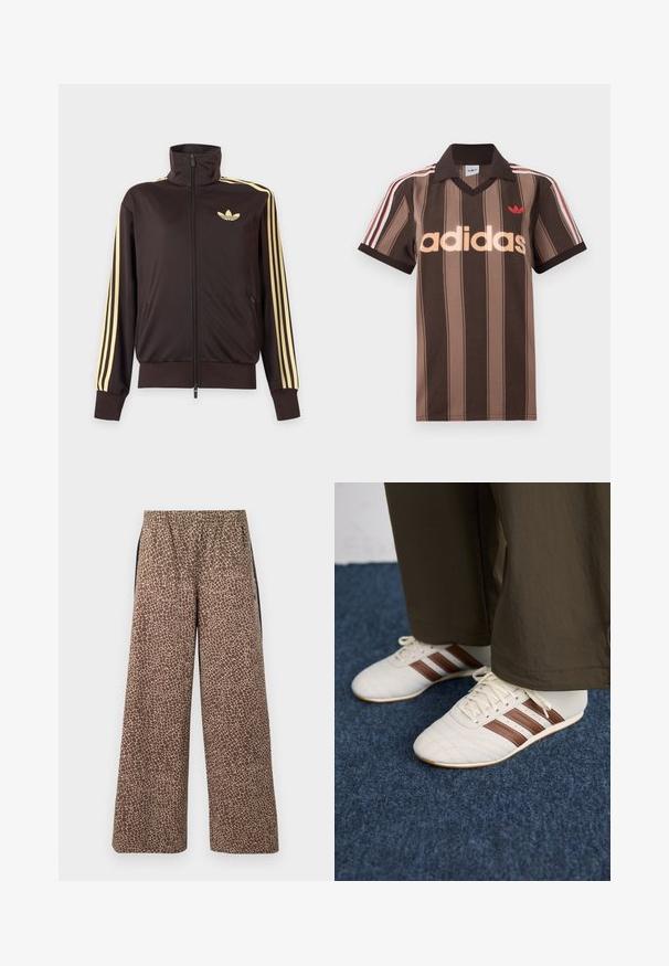 Zwarte joggingjas met rits en hoge kraag, lichtgele strepen op de mouwen en Adidas trefoil-logo op de linkerborst.; Bruine gestreepte Adidas polo met V-hals, bordeauxrode kraag en rood logo. Heeft witte en rode schouderstrepen, korte mouwen.; Bruine broek met brede pijpen met een beige dierenprintpatroon, elastische tailleband en contrasterende zwarte zijstrepen. Zachte stoftextuur.; Witte sneakers met bruine strepen, gedragen met een broek in bruin, op een blauwe vloerbedekking.