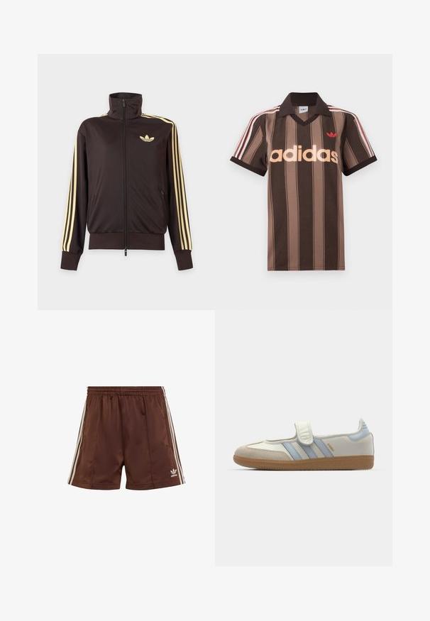 Čierna športová bunda na zips s vysokým golierom, svetložlté pruhy na rukávoch a logo Adidas trefoil na ľavej strane hrude.; Hnedé prúžkované polo tričko Adidas s výstrihom do V, bordovým golierom a červeným logom. Má bielo-červené pruhy na ramenách a krátke rukávy.; Hnedé športové šortky vyrobené z hladkej tkaniny s uvoľneným strihom, s bielymi bočnými pruhmi a vyšitým logom na dolnom ľavom okraji.; adidas Originals SAMBA JANE BALLERINA - Balerínky s remienkom okolo členku - cloud white/halo blue