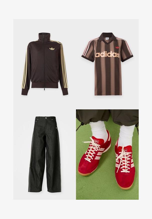 Schwarze Trainingsjacke mit Reißverschluss und hohem Kragen, hellgelben Streifen an den Ärmeln und Adidas Trefoil Logo auf der linken Brust.; Braunes gestreiftes Adidas-Poloshirt mit V-Ausschnitt, bordeauxrotem Kragen und rotem Logo. Mit weißen und roten Schulterstreifen, kurzen Ärmeln.; Schwarze Denim-weit geschnittene Hose mit weißen Seitestreifen, vorne mit Taschen, einem Knopfverschluss und einem dezenten Logo in der Nähe des Bundes.; Rote Wildleder- und Mesh-Sportschuhe mit weißen Streifen und Schnürsenkeln. Gummisohle. Getragen mit weißen gerippten Socken auf einer grünen strukturierten Oberfläche.