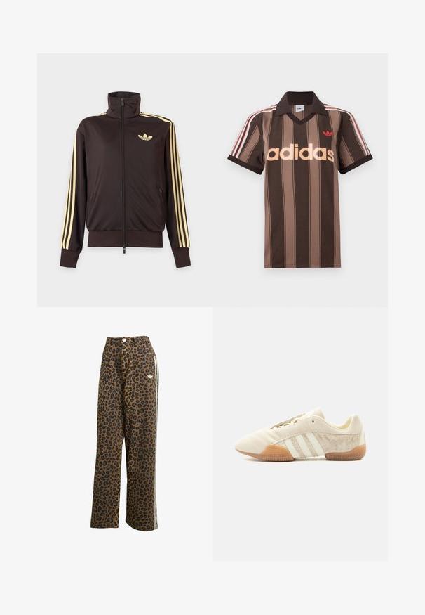 Schwarze Trainingsjacke mit Reißverschluss und hohem Kragen, hellgelben Streifen an den Ärmeln und Adidas Trefoil Logo auf der linken Brust.; Braunes gestreiftes Adidas-Poloshirt mit V-Ausschnitt, bordeauxrotem Kragen und rotem Logo. Mit weißen und roten Schulterstreifen, kurzen Ärmeln.; Leopardenmuster breite Hosen in Braun mit schwarzen Flecken, mit hoher Taille und weißen Seitenstreifen, aus Baumwollstoff gefertigt.; Flacher beiger Sneaker mit drei weißen Streifen, strukturierten Wildleder-Seitenflächen, Gummisohle und Schnürverschluss vor einfarbigem Hintergrund.