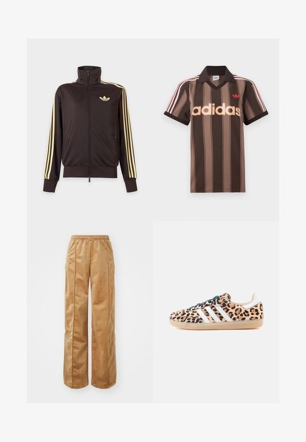 Čierna športová bunda na zips s vysokým golierom, svetložlté pruhy na rukávoch a logo Adidas trefoil na ľavej strane hrude.; Hnedé prúžkované polo tričko Adidas s výstrihom do V, bordovým golierom a červeným logom. Má bielo-červené pruhy na ramenách a krátke rukávy.; Béžové široké nohavice vyrobené z mäkkého, zamatového materiálu. Obsahujú elastický pás a vertikálne švy na prednej strane pre dodatočný detail.; Tenisky so vzorom leopardej potlače, gumovou podrážkou, bielymi pásikmi a tmavozelenými šnúrkami. Mäkký textúrovaný zvršok a nízky profilový dizajn.