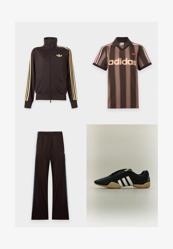 Schwarze Trainingsjacke mit Reißverschluss und hohem Kragen, hellgelben Streifen an den Ärmeln und Adidas Trefoil Logo auf der linken Brust.; Braunes gestreiftes Adidas-Poloshirt mit V-Ausschnitt, bordeauxrotem Kragen und rotem Logo. Mit weißen und roten Schulterstreifen, kurzen Ärmeln.; Schwarze, weit geschnittene Trainingshose mit hellblauen Seitenstreifen, elastischem Bund, Reißverschlusstaschen und Adidas-Logo an der linken Hüfte.; Schwarzer Sportschuh mit weißen Streifen und beiger, strukturierter Sohle auf neutralem Hintergrund, seitlich dargestellt.