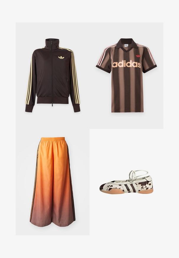 Čierna športová bunda na zips s vysokým golierom, svetložlté pruhy na rukávoch a logo Adidas trefoil na ľavej strane hrude.; Hnedé prúžkované polo tričko Adidas s výstrihom do V, bordovým golierom a červeným logom. Má bielo-červené pruhy na ramenách a krátke rukávy.; Pantalóny so širokými nohavicami v oranžovom gradientnom prevedení, s čiernym bočným prúžkom, elastickým pásom a ľahkým materiálom.; Biele kožené balerínky s hnedým vzorom kravskej kože, ktoré majú na boku tri čierne pruhy a flexibilnú hnedú gumovú podrážku.