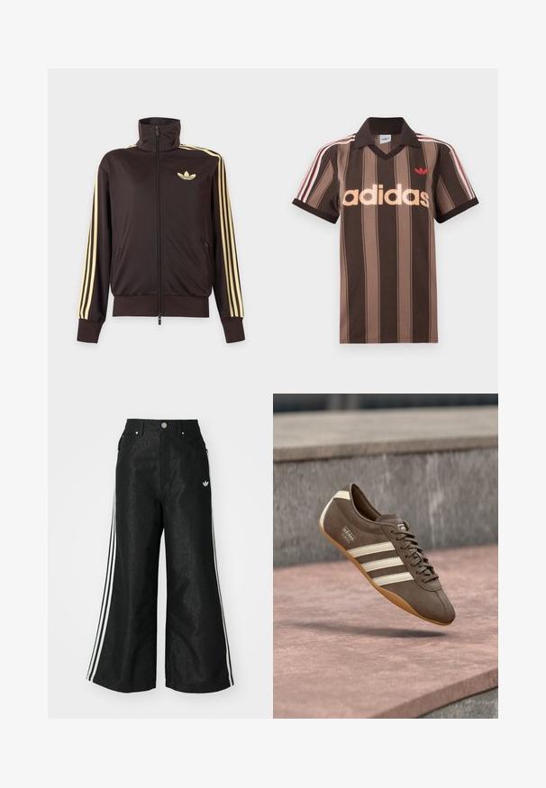 Čierna športová bunda na zips s vysokým golierom, svetložlté pruhy na rukávoch a logo Adidas trefoil na ľavej strane hrude.; Hnedé prúžkované polo tričko Adidas s výstrihom do V, bordovým golierom a červeným logom. Má bielo-červené pruhy na ramenách a krátke rukávy.; Čierne džínsy s širokým strihom, s tromi bielymi pruhmi po stranách a malým bielym logom. Obsahujú predné vrecká a zapínanie na gombík.; Hnedá semišová teniska s bielymi pruhmi a logom, so zaoblenou špičkou a podrážkou z gumy farby gumy, zavesená nad štruktúrovaným povrchom.