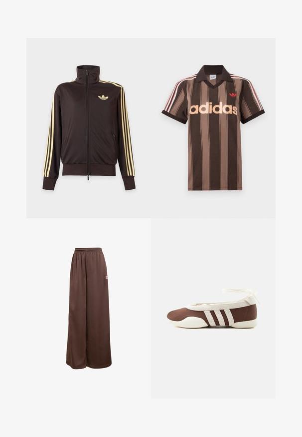 Čierna športová bunda na zips s vysokým golierom, svetložlté pruhy na rukávoch a logo Adidas trefoil na ľavej strane hrude.; Hnedé prúžkované polo tričko Adidas s výstrihom do V, bordovým golierom a červeným logom. Má bielo-červené pruhy na ramenách a krátke rukávy.; adidas Originals Tepláky - auburn cream white; Hnedá a biela baletná balerína s tromi bielymi pruhmi a mašľou na zviazanie okolo členku na jednoduchom svetlom pozadí.