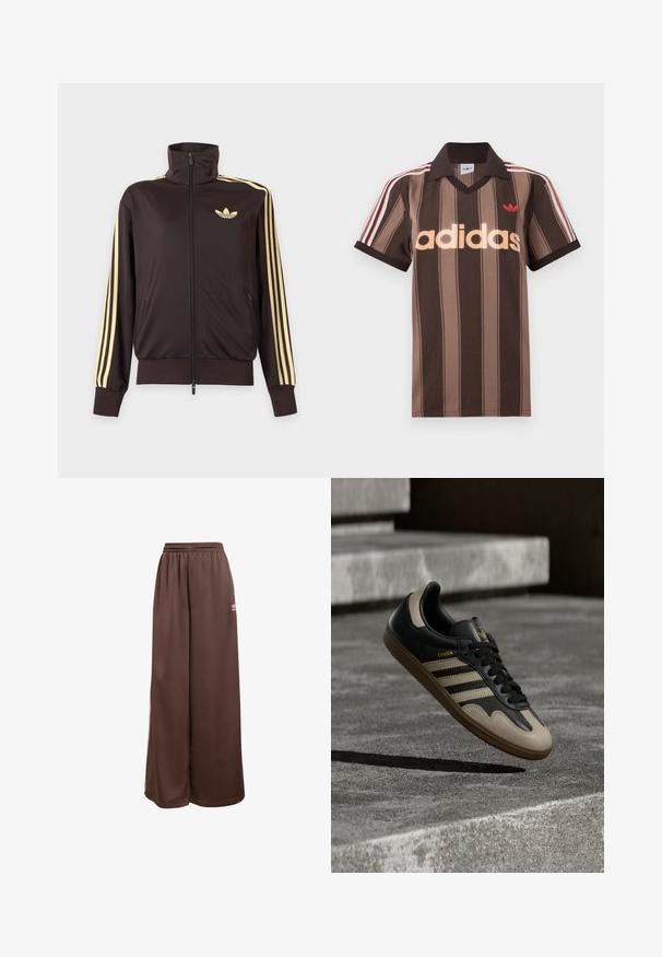 Chaqueta deportiva negra con cremallera y cuello alto, con rayas amarillas claras en las mangas y logo de Adidas trefoil en el pecho izquierdo.; Polo Adidas marrón con rayas, cuello en V, cuello burdeos y logo rojo. Presenta rayas blancas y rojas en los hombros, mangas cortas.; adidas Originals Pantalones deportivos - auburn cream white; Zapatilla de cuero negra y beige con tres rayas blancas, suela de goma beige y detalles dorados "Samba" en el lateral.