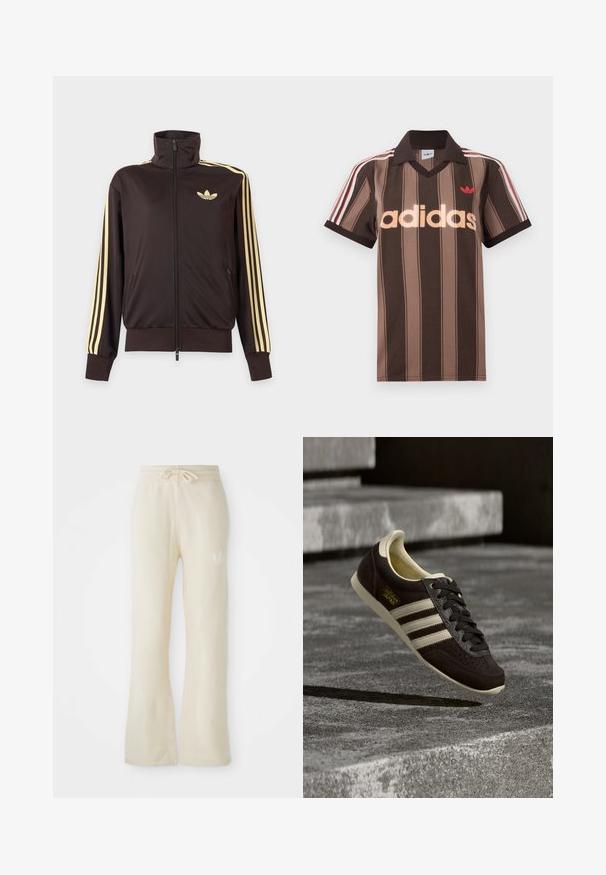 Schwarze Trainingsjacke mit Reißverschluss und hohem Kragen, hellgelben Streifen an den Ärmeln und Adidas Trefoil Logo auf der linken Brust.; Braunes gestreiftes Adidas-Poloshirt mit V-Ausschnitt, bordeauxrotem Kragen und rotem Logo. Mit weißen und roten Schulterstreifen, kurzen Ärmeln.; Cremefarbene Jogginghose aus einem weichen Material, mit einem Kordelzugbund und ausgestellten Beinen. Subtiles Logo-Detail an der linken Hüfte.; Dunkelbrauner Adidas Japan Sneaker mit cremefarbenen Streifen und Sohle, schwebend über einer Betonfläche mit Steintreppen im Hintergrund.