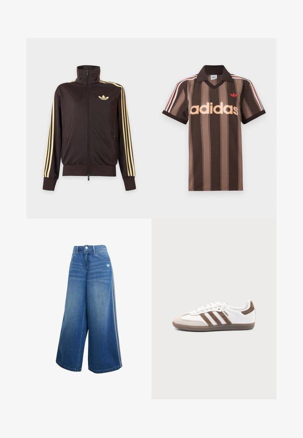 Čierna športová bunda na zips s vysokým golierom, svetložlté pruhy na rukávoch a logo Adidas trefoil na ľavej strane hrude.; Hnedé prúžkované polo tričko Adidas s výstrihom do V, bordovým golierom a červeným logom. Má bielo-červené pruhy na ramenách a krátke rukávy.; Džíny s širokými nohavicami v stredne modrej farbe, s vysokým pásom, jemnými švovými detailmi a malým bielym logom na prednej strane.; Biele tenisky Adidas Samba s hnedými semišovými pruhmi, hnedou gumovou podrážkou a béžovým semišovým špicom, zobrazené z vonkajšej strany na jednofarebnom pozadí.