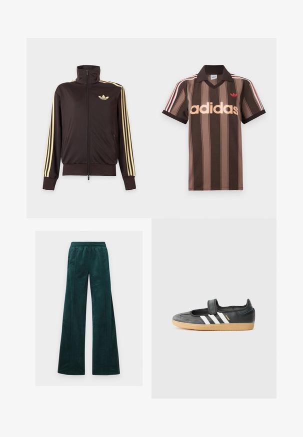 Sort lynlåstrøje med høj krave, lysegule striber ned ad ærmerne og Adidas trefoil-logo på venstre bryst.; Brunstribet Adidas polo-shirt med V-hals, bordeaux krave og rødt logo. Har hvide og røde skulderstriber samt korte ærmer.; Teal bredde bukser i blød velour med elastisk talje og vertikal syning. Ingen synlige lommer.; Sort læder- og ruskinds sneakers med en Velcro-rem, der har tre hvide striber og en gummisål, mærket "SAMBA" på siden.