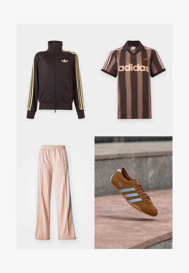 Sort lynlåstrøje med høj krave, lysegule striber ned ad ærmerne og Adidas trefoil-logo på venstre bryst.; Brunstribet Adidas polo-shirt med V-hals, bordeaux krave og rødt logo. Har hvide og røde skulderstriber samt korte ærmer.; Lyserøde sportspants med afslappet pasform, der har blå sidestriber og en snoretræk i taljen. Fremstillet af glat, letvægtsstof.; Brun ruskinnssneaker med lyseblå striber, snøredesign og gummisål. Har en logo på siden og en rundet tæffel.