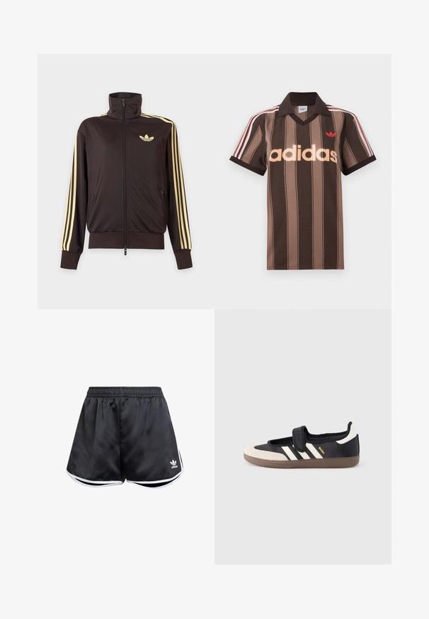 Čierna športová bunda na zips s vysokým golierom, svetložlté pruhy na rukávoch a logo Adidas trefoil na ľavej strane hrude.; Hnedé prúžkované polo tričko Adidas s výstrihom do V, bordovým golierom a červeným logom. Má bielo-červené pruhy na ramenách a krátke rukávy.; Čierne atletické šortky vyrobené z hladkého syntetického materiálu, s bielymi bočnými akcentmi a vyšitým logom v spodnom ľavom rohu.; Čierna a béžová teniska s pásikom na suchý zips, tromi bielymi pruhmi na boku a štruktúrovanou hnedou gumovou podrážkou. Viditeľné logo značky.