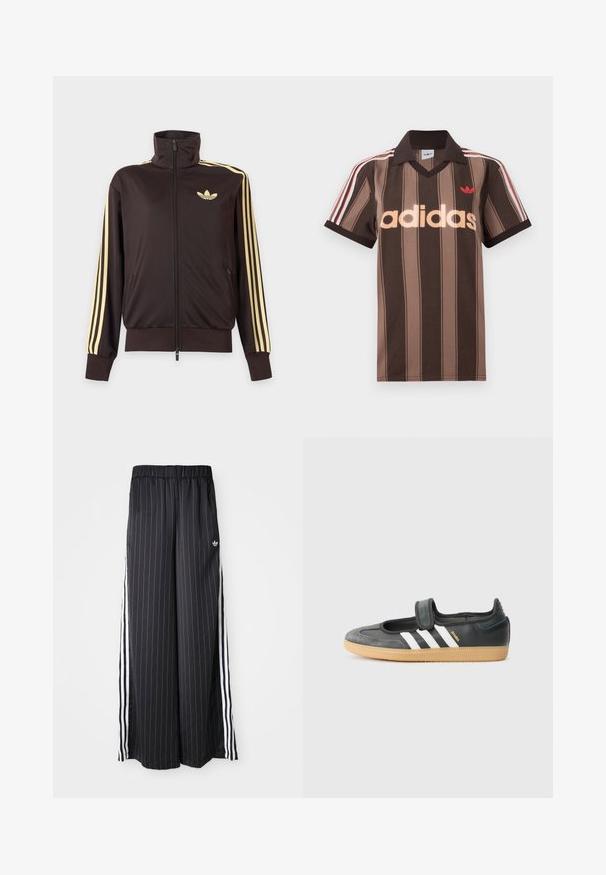 Chaqueta deportiva negra con cremallera y cuello alto, con rayas amarillas claras en las mangas y logo de Adidas trefoil en el pecho izquierdo.; Polo Adidas marrón con rayas, cuello en V, cuello burdeos y logo rojo. Presenta rayas blancas y rojas en los hombros, mangas cortas.; Pantalones negros de pierna ancha con rayas blancas verticales, cinturilla elástica y tres rayas blancas a lo largo del lado. Logo de Adidas en la parte frontal.; Zapatilla de deporte de cuero negro y ante con una correa de Velcro, que presenta tres rayas blancas y una suela de goma, etiquetada "SAMBA" en el lateral.