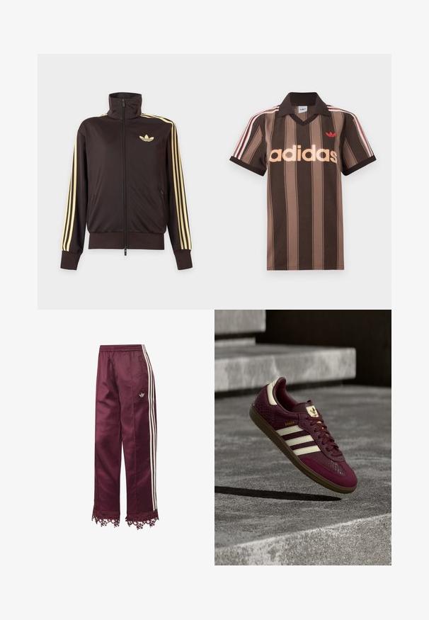 Black zip-up track jacket with high collar, light yellow stripes down sleeves, and Adidas trefoil logo on left chest.; Brown striped Adidas polo shirt with a V-neck, burgundy collar, and red logo. Features white and red shoulder stripes, short sleeves.; Maroon satin track pants with white side stripes, elastic waist, zip pockets, and lace trim at the hem.; Burgundy sneaker with textured leather, three white stripes, and gold accents. Rubber sole, classic Samba design, and breathable mesh details.