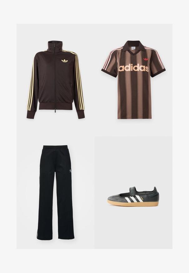 Mustast lukuga spordijakk kõrge kraega, helekollaste triipudega varruka all ja Adidas trefoil logo vasakul rinnal.; Pruunide triipudega Adidas polotee, V-kaelusega, bordeau krae ja punase logoga. Omad valge ja punase triibuga õlad ning lühikesed varrukad.; Mustad mustat spordipüksid, vabalt istuv, paelaga talje, külgedel lukuga taskud ja vasakul jalal diskreetne valge brändimine.; Mustmust ja sametist sneaker, millel on Velcro rihm, kolm valget triipu ja kummi tallad, küljel on silt "SAMBA".
