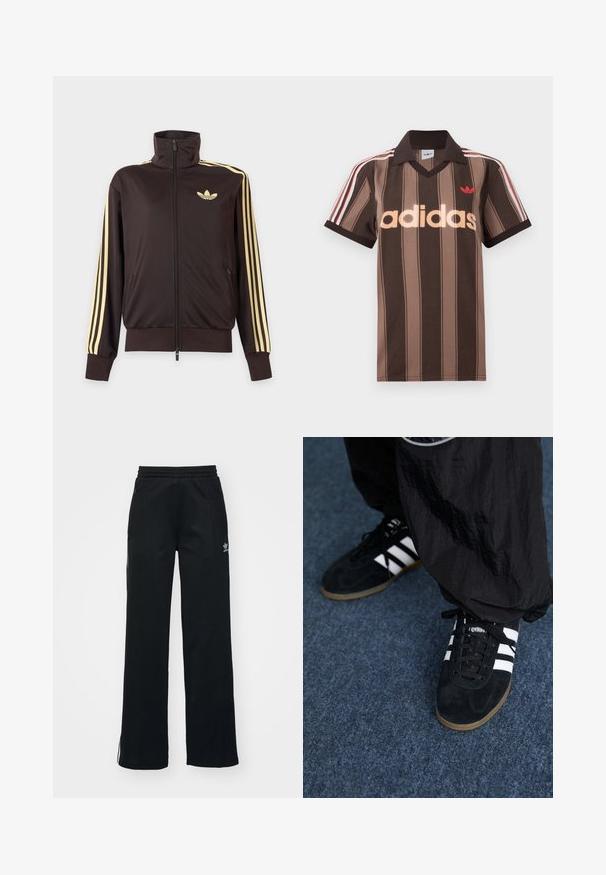 Veste de survêtement noire zippée avec col haut, bandes jaune clair le long des manches et logo adidas trefoil sur la poitrine gauche.; Polo Adidas rayé marron avec col en V, col bordeaux, et logo rouge. Comprend des rayures blanches et rouges sur les épaules, manches courtes.; Pantalons de sport noirs avec une coupe décontractée, taille à cordon, poches zippées sur les côtés, et une discrète marque blanche sur la jambe gauche.; Des chaussures de sport en suède noir avec trois rayures blanches et des lacets noirs. Un pantalon noir texturé est partiellement visible à côté des chaussures.